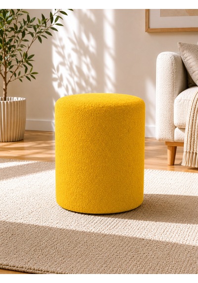 Sarı Welsoft Kumaş Puf 40x45 Cm Yuvarlak Puf Dekoratif Oturma Pufu Yumuşak Dokulu Modern Puf