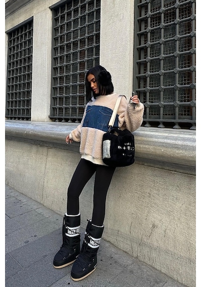 WeShaya Kadın Taş Polyester Bisiklet Yaka Uzun Kollu Sweatshirt Taş