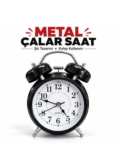 Metal Çalar Saat 12x17 Cm Yüksek Sesli Alarm, Şık Ve Dayanıklı Tasarım Siyah