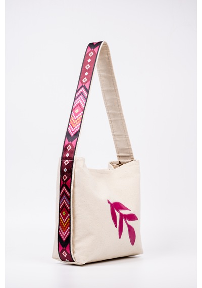 Fabric Craft Bag Omuz Çanta Kanvas Motifli Krem - Pembe