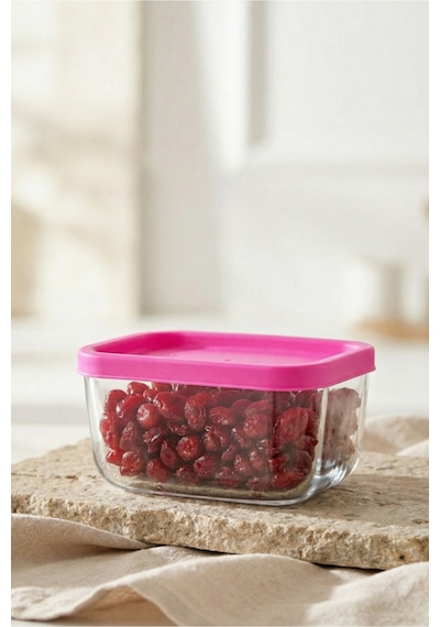 Lav Cube Cam Saklama Kabı 2'li Küçük Boy 405 ml Dikdörtgen Pembe Plastik Kapaklı (Kahvaltılık )
