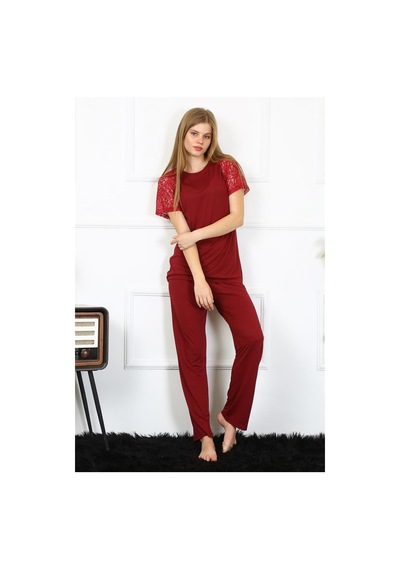 Akbeniz Kadın Kolu Dantelli Penye Pijama Takım 4152 - S Bordo