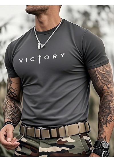Victory Baskılı Süprem Füme T-shirt - Oversize Bisiklet Yaka Tişört Gri