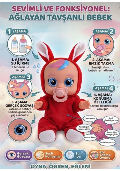 Kırmızı Kostümlü Ağlayan Ve Konuşan Et Bebek Emzikli Ve Biberonlu İnteraktif Oyuncak Bebek