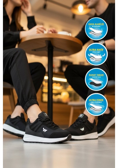Walkway Siyah Beyaz Fileli Hafif Bağcıklı Unisex Spor Ayakkabı 7001 Omina G Siyah - Beyaz