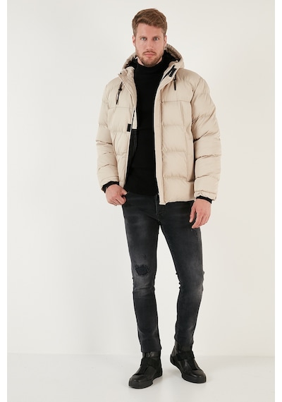 Buratti Fermuarlı Cepli Slim Fit Kapüşonlu Şişme Erkek Mont 5711050 Taş