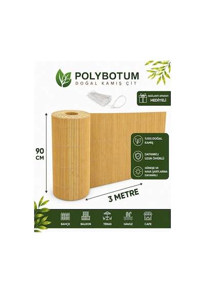 Polybotum Premium Doğal Kamış Hasır Balkon Çiti 90x300 Cm Sık D