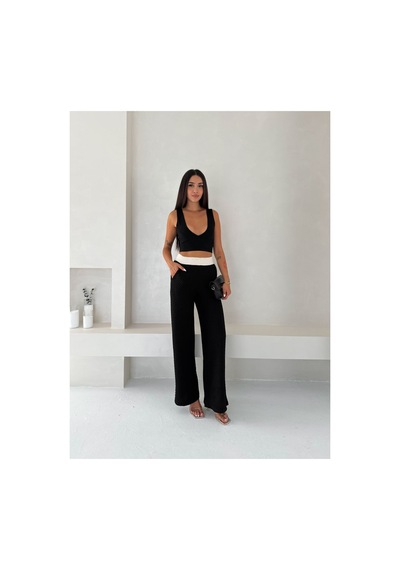 Gugus Kadın Gofre Beli Güpür Lastikli Wide Lege Yazlık Pantolon Siyah