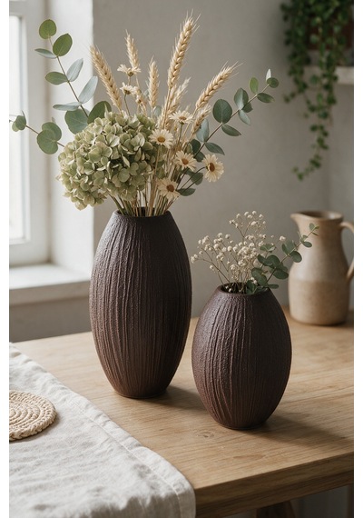Coconut Hindistan Cevizi Dokulu Dekoratif 2'li Vazo Set - 20 Cm Pla - Salon Ve Masaüstü Vazo - Acı Kahve