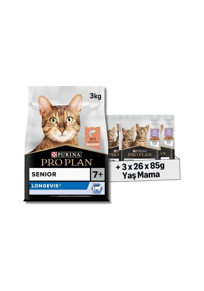 Original Senior Somonlu Kuru Kedi Maması 3 Kg + Purina Pro Plan Healthy Start Sos İçinde Hindi Etli Yavru Kedi Maması 85gr Pouch X 26 Adet X 3 Adet