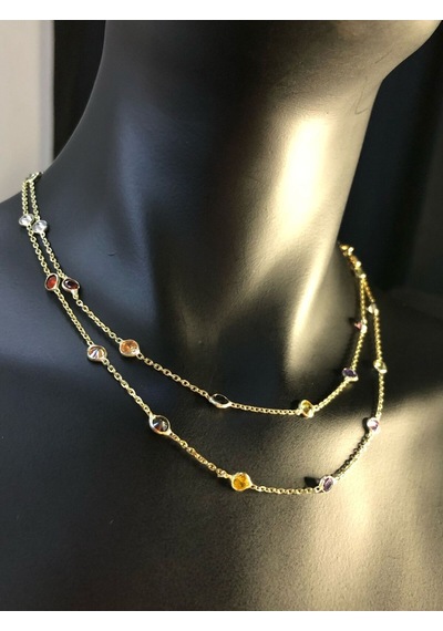 Vog Mix Renkli Zirconia Taşlı Uzun Boy 70 Cm Gold Renk 925 Ayar Gümüş Kolye