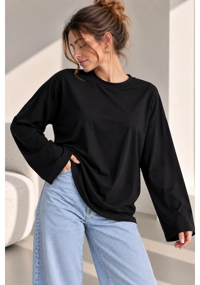 Bb Butik Basic Kadın Modal Oversize Bisiklet Yaka Sweatshirt Zg3535 siyah