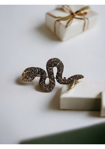Black Diamond Swarovski Taşlı Yılan Broş Yeşil