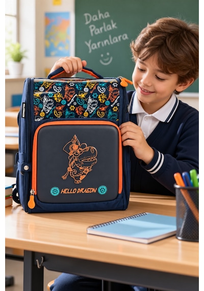 İlkokul Okul Çantası Hello Dragon 7 Mavi Antigravity Sistem 38x30x16 Cm Çok Renkli