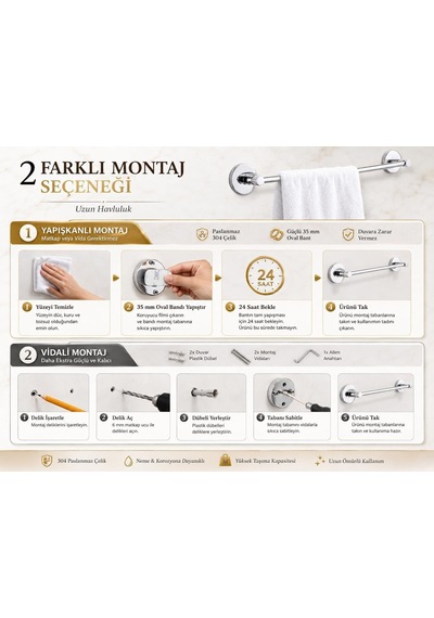 Alper Banyo 304 Paslanmaz Çelik Havlu Askısı 40 Cm, Parlak Krom Kaplama, Yapışkanlı Ve Vidalı Montaj, Banyo Akses Diğer