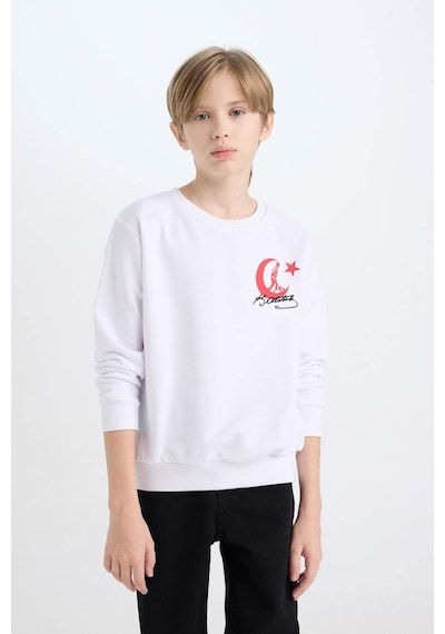 DeFacto Erkek Çocuk Beyaz Bisiklet Yaka Atatürk Baskılı Nakışlı Sweatshirt D8200A824WNWT34