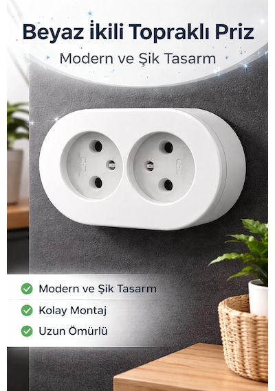 Topraklı Sıva Üstü İkili Set Priz Modern Kırık Beyaz Kolay Kurulum