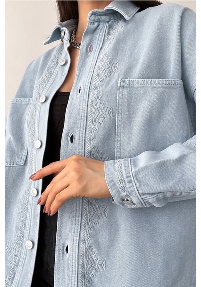 Femelle Kadın Buz Mavi Yeni Sezon Çift Cepli Standart Beden Nakış Işlemeli Oversize Ceket