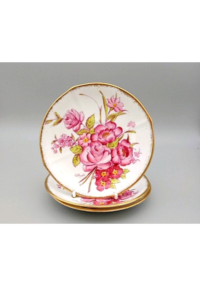 Roslyn China Sunning Dale 3'lü Porselen Antika İngiliz Pasta Tabağı 15cm Pembe