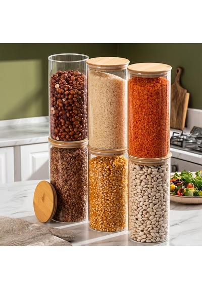 Tr 2-3 Bambu Vakumlu Kapaklı Yuvarlak Borosilikat Cam 6lı Kavanoz Seti Saklama Kabı 1300ml 10x20cm Genel