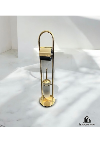 İsaoğlu Yapı Gold Kova Banyo Seti Klozet Fırçası Tuvalet Kağıtlığı Komple Pirinç Set Gold Banyo Gold Altın