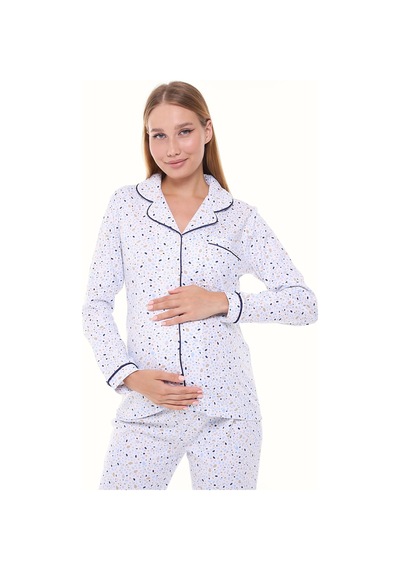 Likapa İnterlok Düğmeli Hamile Lohusa Uzun Kol Pijama Takımı 1354-01 Desenli - Lacivert Biyeli