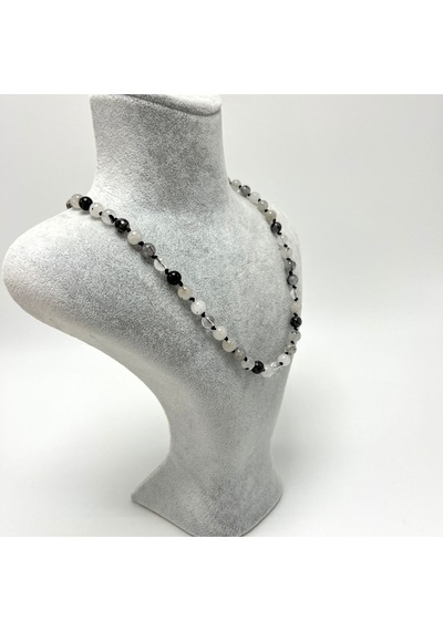 Yıldız Doğal Taş Rutilli Kuvars Doğal Taş 6 MM Makrome Kolye 45 CM - 55 CM Ayarlanabilir Beyaz