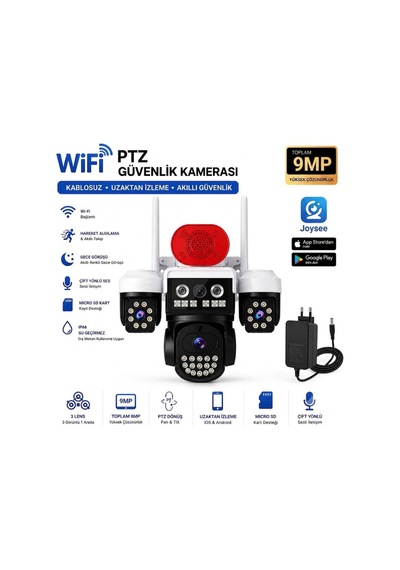 9 Mp Wi-fi Ptz 3 Lensli Dış Mekan Akıllı Güvenlik Kamerası Çakar Flaşörlü + 12v Adaptör Dahil Wifi Bs W3