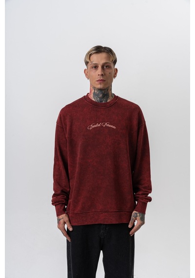 Respire Erkek Divided Baskılı Yıkamalı Bisiklet Yaka Oversize Sweatshirt Bordo