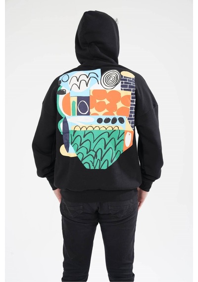 Unisex Kapüşonlu Sırt Baskılı Kanguru Cep Sweatshirt 001