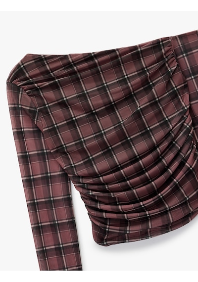 Koton Asimetrik Yaka Uzun Kollu Drape Detaylı Ekose Tişört Bordo Ekose 6wal10437ık