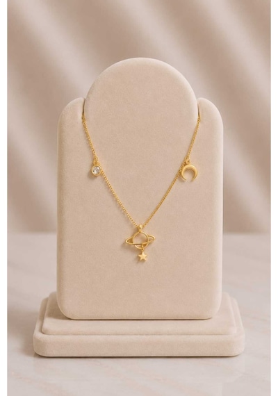 Minimal Gezegen Ay Yıldız Figürlü Gold Kolye Altın