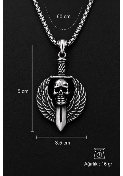 Paslanmaz Çelik Box Zincirli Gotik Tarz Darts Wings Kurukafa Kolye Gümüş