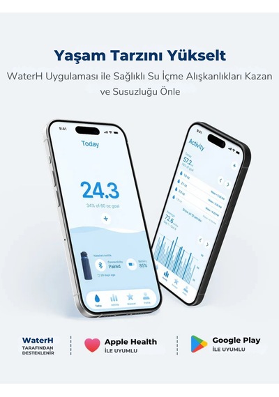 Waterh Boost Akıllı Termos Hidrasyon Takibi Yapan, Yalıtımlı 0,71l / 24oz Akıllı Şişe Açık Pembe
