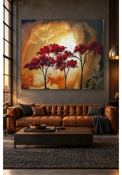 Fida Altın Işıkta Kırmızı Yapraklı Ağaçlar Canvas Tablo Çok Renkli