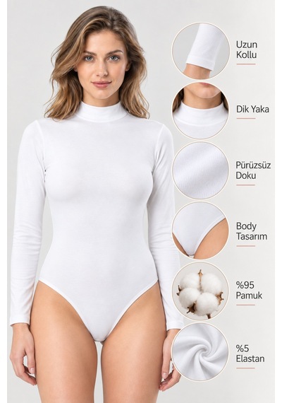 Loule Kadın 3'lü %95 Pamuklu Uzun Kol Dik Yaka Esnek Kancalı Body Beyaz