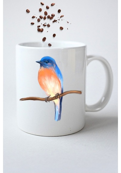 Blue Bird Minik Serçe Baskılı Hediye Kupa Bardak Porselen Çay Kahve Fincanı Beyaz