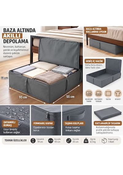 Baza Altı Kapaklı Saklama Hurcu 93x55x19 Cm Gri Çok Amaçlı Yorgan, Nevresim Ve Kıyafet Düzenleyici Organizer