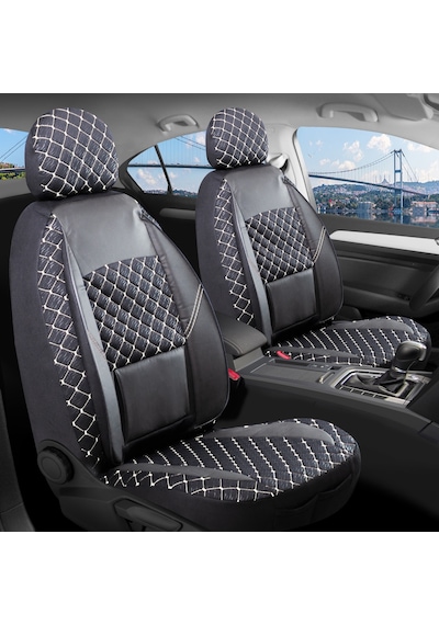 Nissan Pathfinder Deri Detaylı Oto Koltuk Kılıfı Ön Arka Set Alpine Siyah Beyaz Şhn