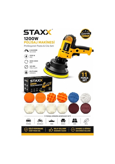 Staxx St9955x Devir Ayarlı Araç Koltuk Yıkama Zımpara Parlatma Pasta Cila Polisaj Makinası Full Set