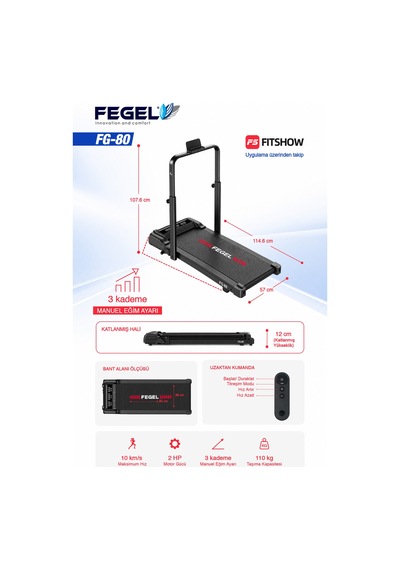 FG-80 2 HP Motorlu Katlanabilir Titreşimli Koşu ve Yürüyüş Bandı – Eğimli, Bluetooth FitShow Destekli