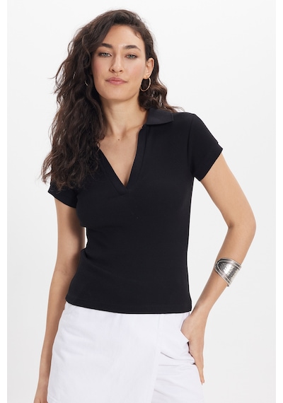 Tudors Kadın Slim Fit Dar Kesim Pamuklu Kısa Kollu Siyah Polo Yaka Tişört-50673