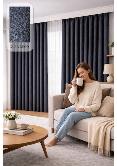 Balıksırtı Dokulu Premium Jakar Fon Perde Salon Oturma Odası Yatak Odası Çocuk Odası Koyu Lacivert