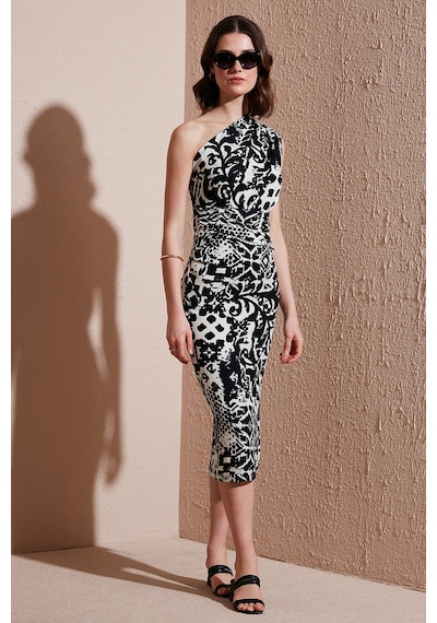 Lela Desenli Slim Fit Midi Boy Tek Omuzlu Bayan Elbise 5866202 Siyah-Beyaz