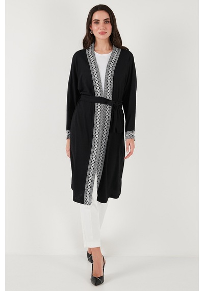Lela Modest Regular Fit Bağlamalı Nakışlı Tesettür Uzun Kimono Bayan Hırka 5866173 Siyah