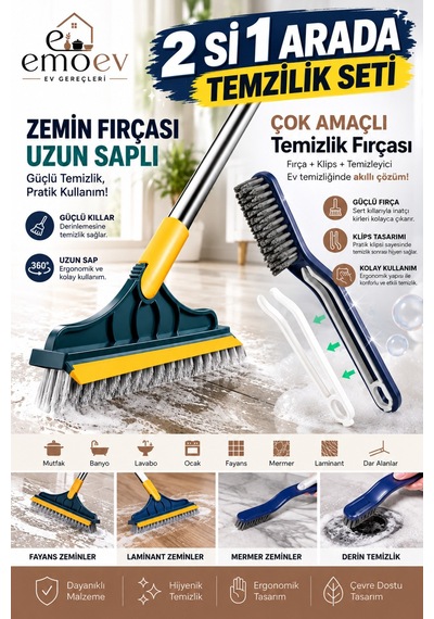 Uzun Saplı Zemin Yer Fırçası + Çok Amaçlı Klipsli Temizlik Fırçası 2 Si 1 Arada Temizlik Seti Uzun Saplı Zemin Yer Fırçası + Çok Amaçlı Klipsli Temizlik Fırçası 2 Si 1 Arada Temizlik Seti