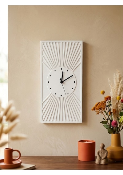 Kaveld Solaria Minimalist Duvar Saati - Modern Bohem Güneş Işınları Motifli Saat, Özel El Yapımı Duvar Saati Beyaz