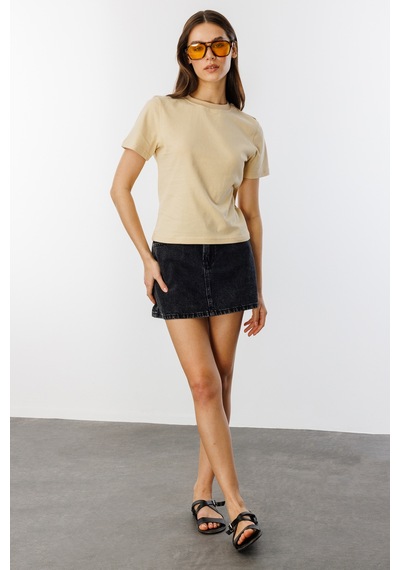 Kadın T-shirt Kısa Kollu Organik Pamuklu Bisiklet Yaka Crop T-shirt Kadın-t-shırt Bej Kadın T-shirt Kısa Kollu Organik Pamuklu Bisiklet Yaka Crop T-shirt Kadın-t-shırt Bej