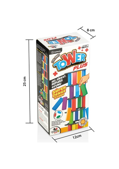 Renkli Tower Plus Jenga Büyük Boy Doğal Ahşap Denge Kule Oyunu Tower