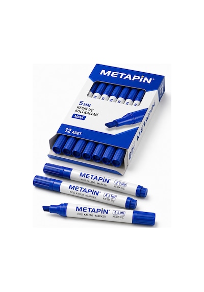 Metapin 5 Mm Mavi Kesik Uç Koli Kalemi 12 Adet Kalın Uçlu Marker Koli Markörü Ambalaj İşaretleme